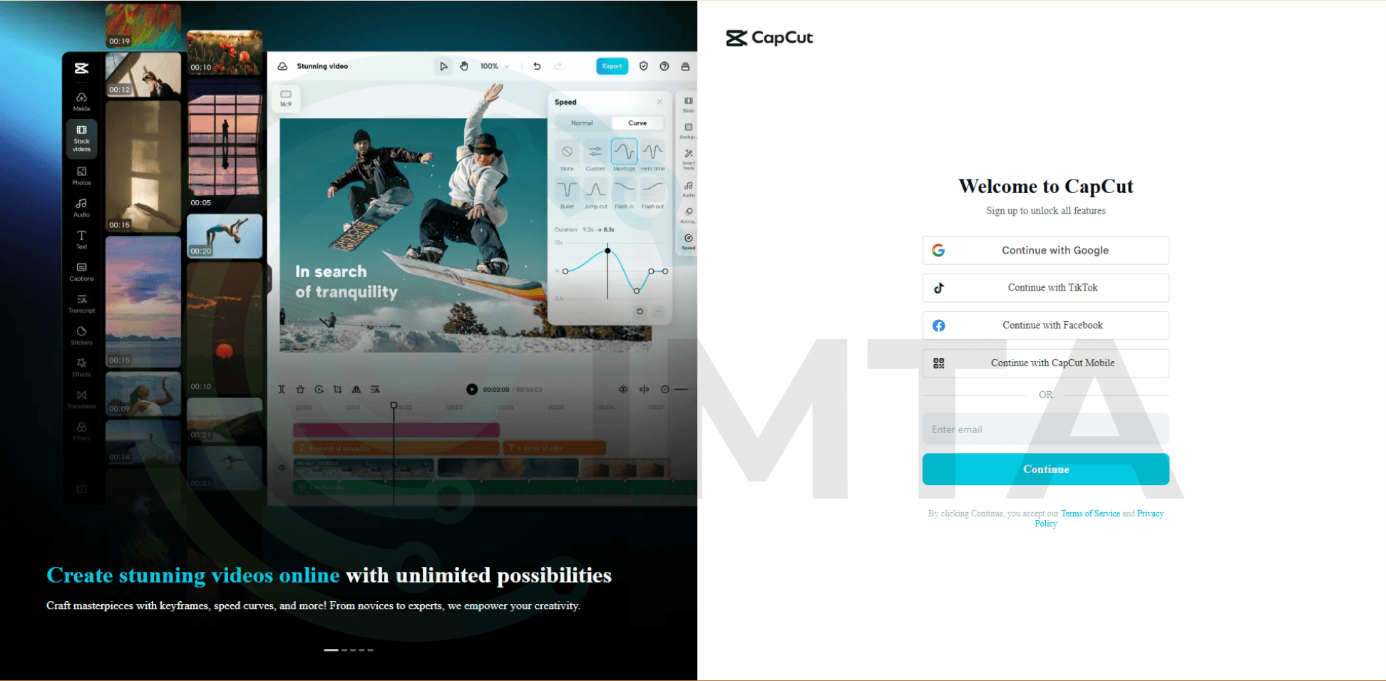 Đăng nhập Capcut Online bằng tài khoản Google, Facebook hoặc TikTok đều được