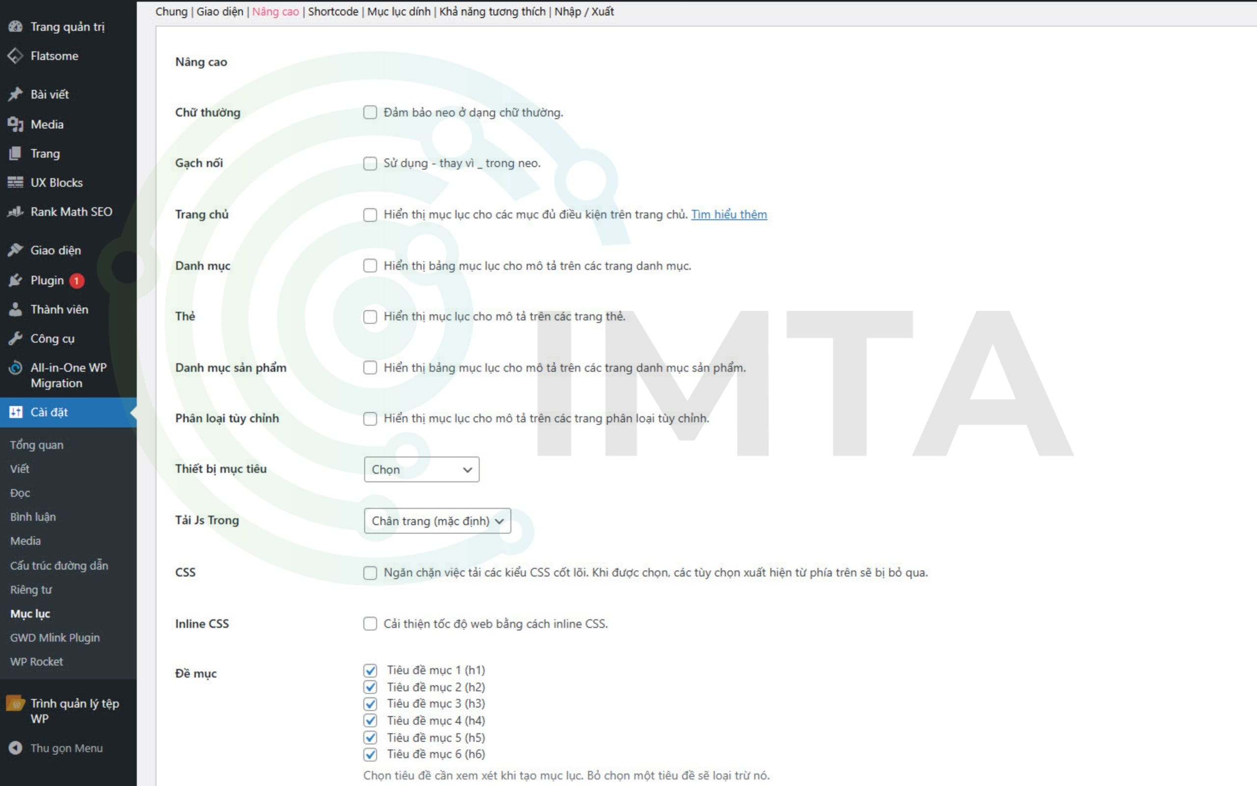 Cài đặt nâng cao trên plugin Easy table of Content