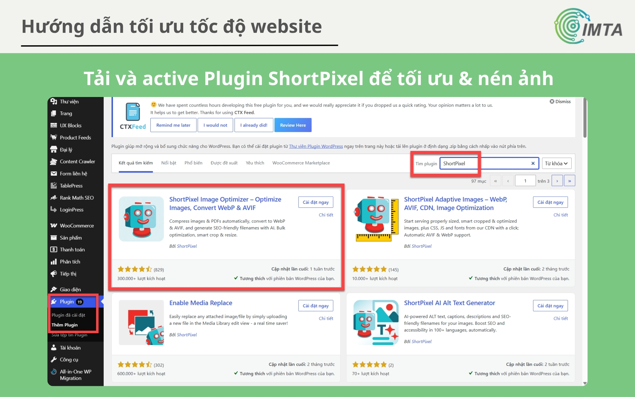 Tải và active Plugin ShortPixel để tối ưu & nén ảnh